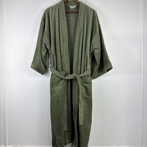 Vintage Linens n Things Terry Cloth Plush Robe Olive Green 100% Cotton Belt 90s